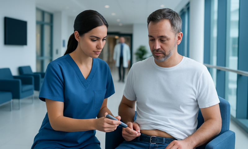 Nurse assisting patient with insulin injection in hospital corridor.