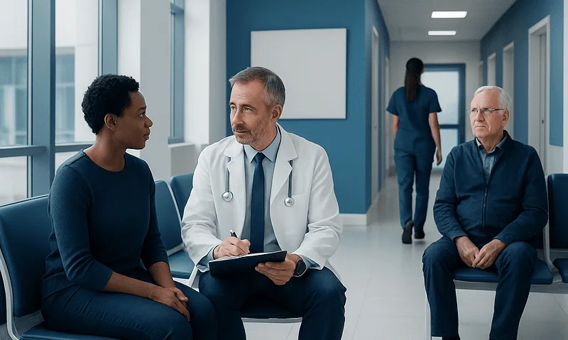 Doctor consulting with a patient in a hospital corridor.