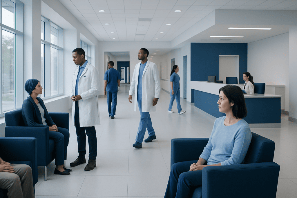 Integrative Cancer Treatment in Maryland: How It Works, Results and What to Expect 1 Medical staff and patients in a modern hospital waiting area.