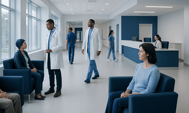 Integrative Cancer Treatment in Maryland: How It Works, Results and What to Expect 5 Medical staff and patients in a modern hospital waiting area.