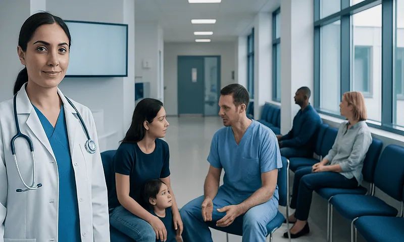 Healthcare professionals and patients in a modern hospital waiting area.