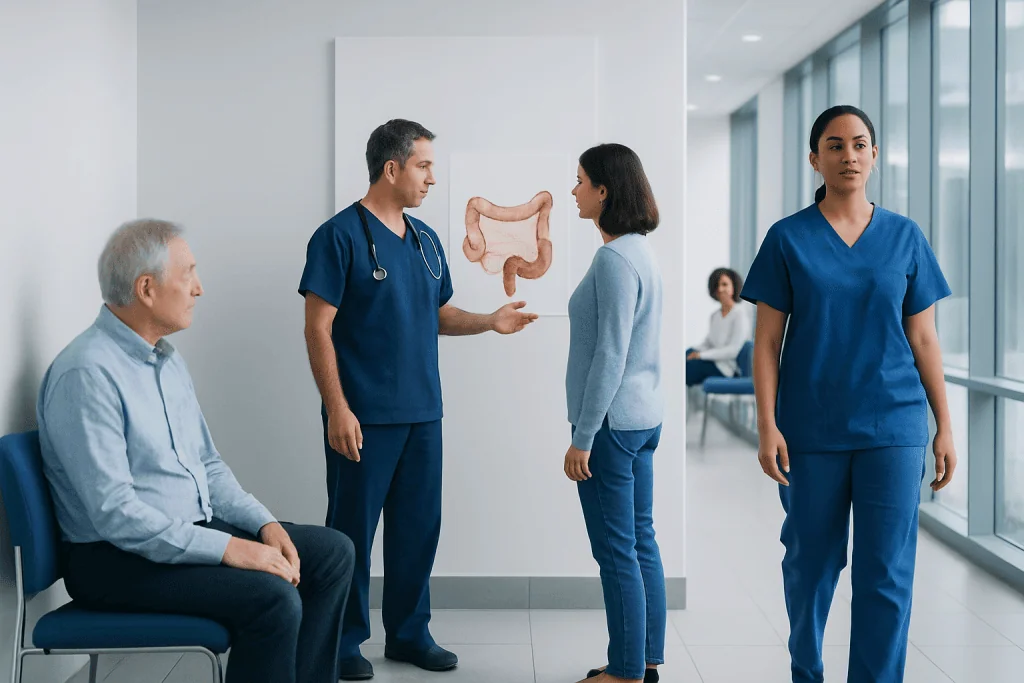 Intestinal Ischemia Treatment: How It Works, Results and What to Expect 1 Doctor explaining intestinal health to patient in hospital corridor.