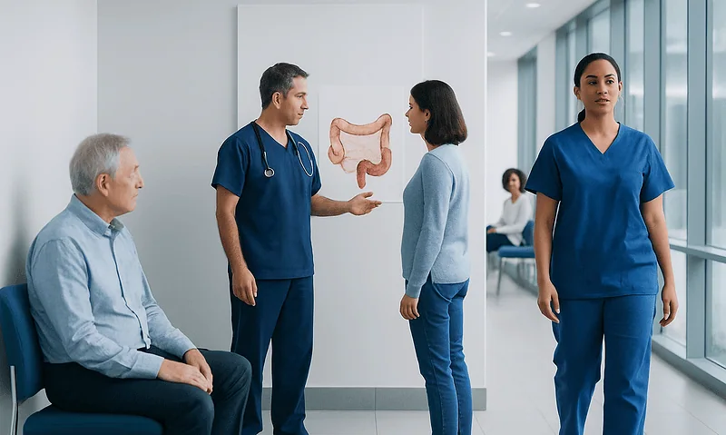 Doctor explaining intestinal health to patient in hospital corridor.