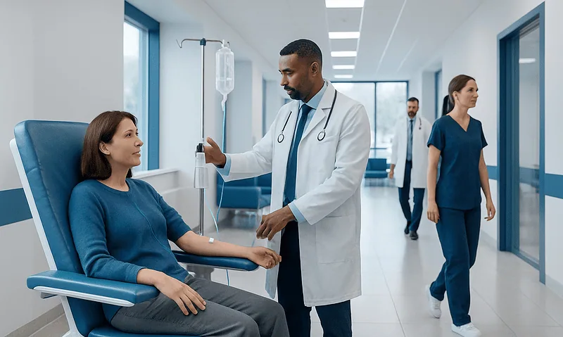 Doctor examining patient in hospital corridor with medical staff in background.