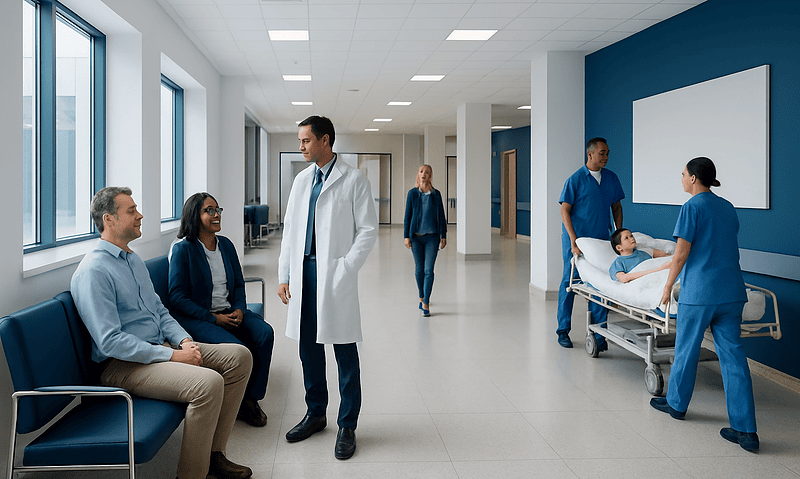 Medical team consulting with patient in hospital corridor.