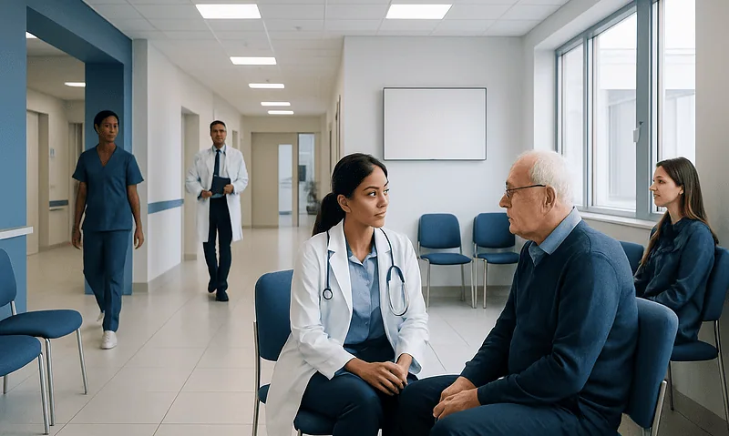 Doctor consulting elderly patient in hospital corridor with staff in background.