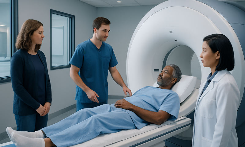 Patient undergoing MRI scan with medical staff in a hospital setting.
