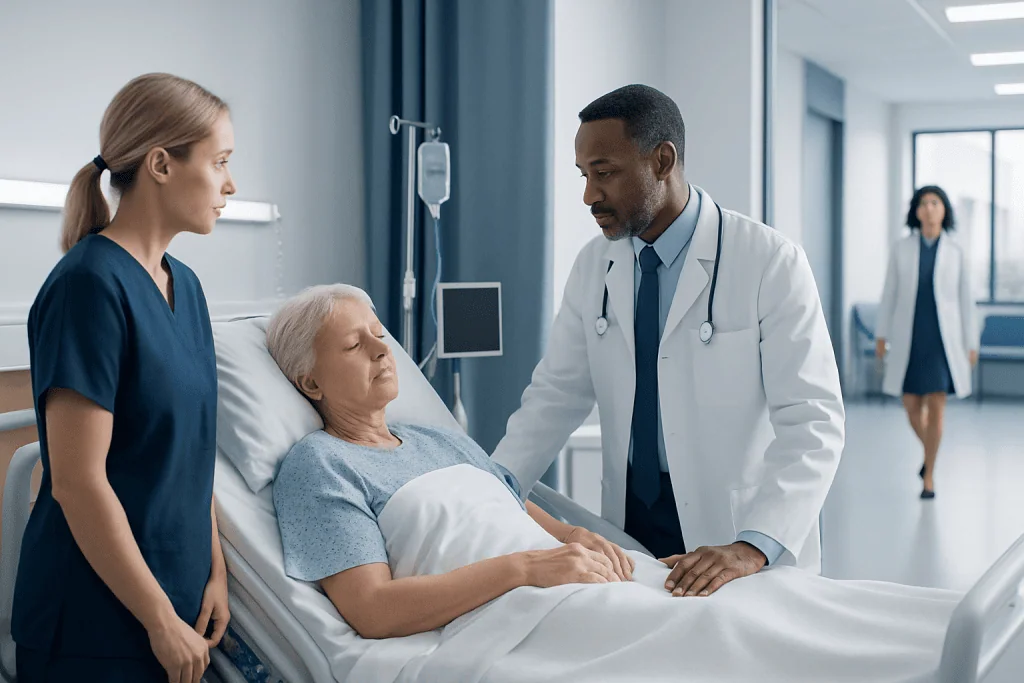 Treatment for Delirium after Surgery: Procedure, Recovery and Results 1 Medical team consulting with elderly patient in hospital bed.