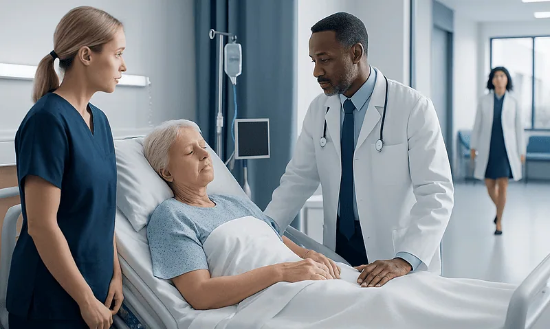Medical team consulting with elderly patient in hospital bed.