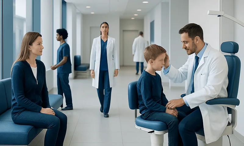 Pediatric eye consultation at Acibadem Hospital with doctor examining young patient.