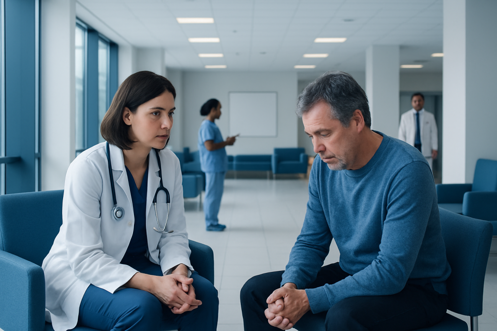 Pseudobulbar Affect Treatment: How It Works, Results and What to Expect 1 Doctor consulting with a patient in a hospital waiting area.