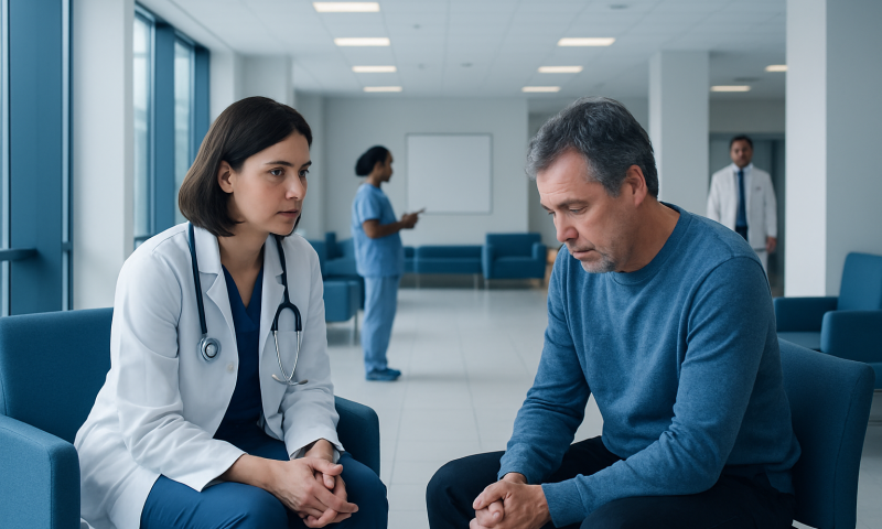 Doctor consulting with a patient in a hospital waiting area.