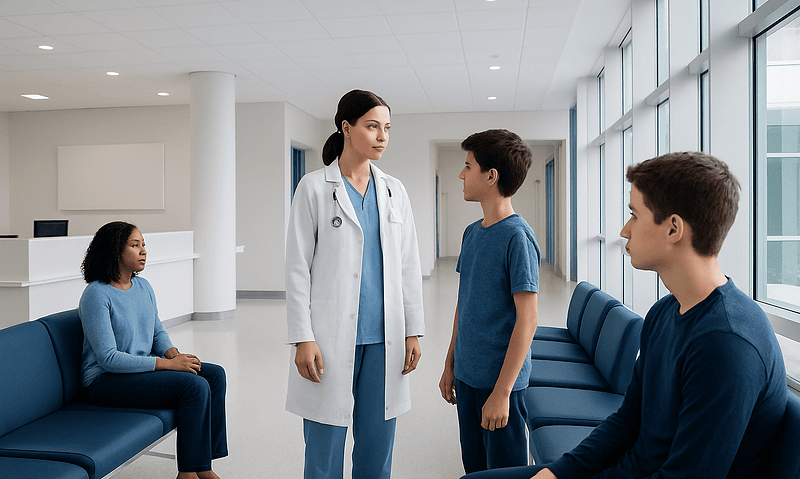 Doctor talking to children in a hospital waiting area.