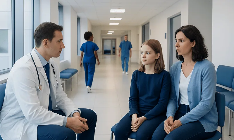 Doctor consulting with young girl and mother in hospital corridor.