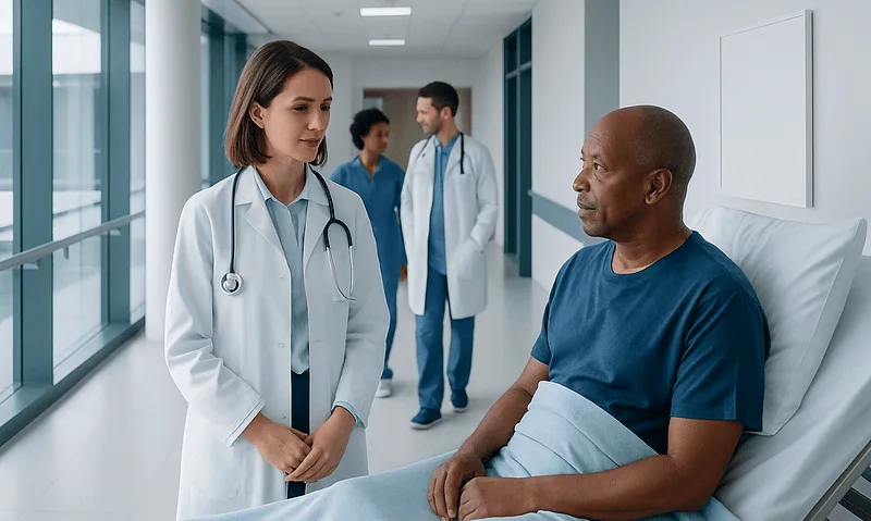 Doctor consulting patient in hospital corridor with medical staff in background.