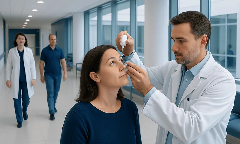 Ophthalmologist examines patient's eye in a modern clinic setting.