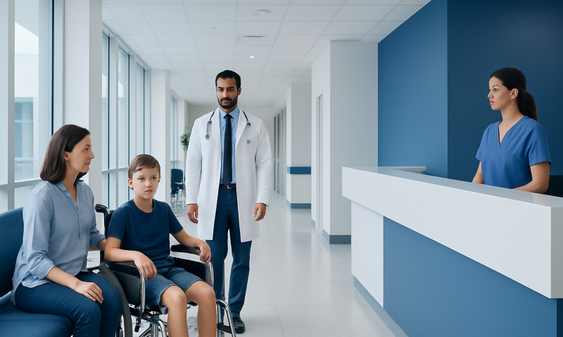 Hospital waiting area with a doctor and young patients in wheelchairs.