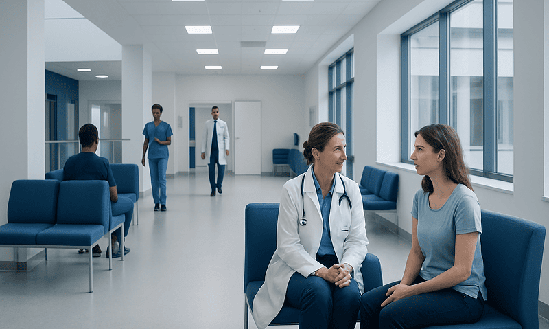 Medical consultation in a modern hospital waiting area with healthcare professionals and patients.