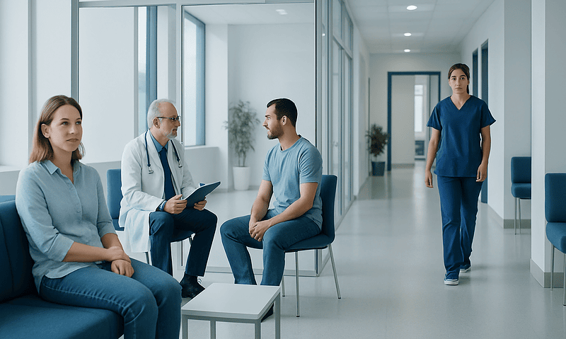 Medical consultation in a modern hospital corridor with patients and healthcare professionals.