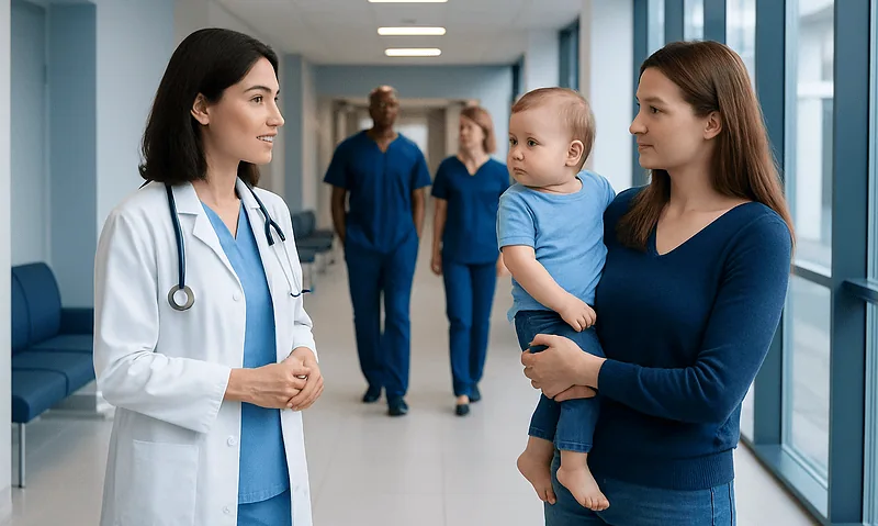 Doctor talking to mother and child in hospital corridor.