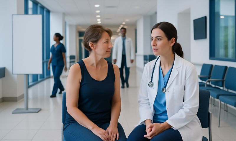 Doctor consulting with a patient in a hospital corridor.