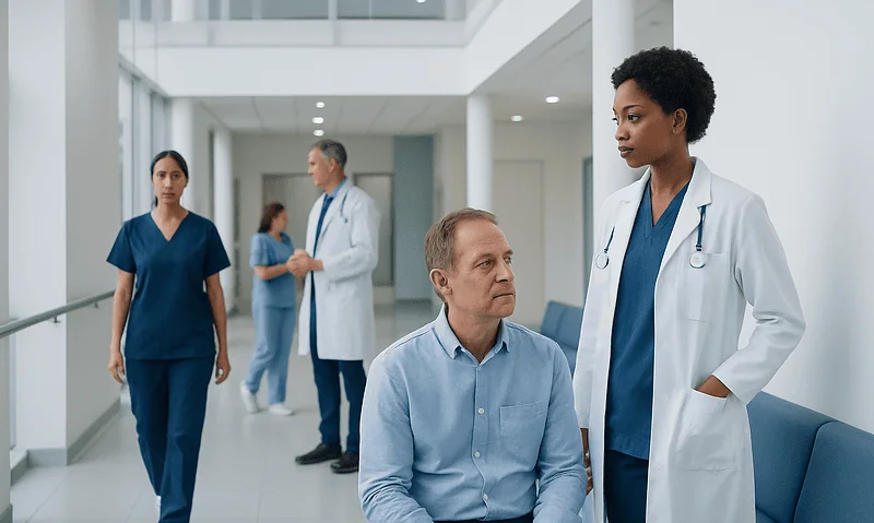 Medical professionals consulting with a patient in a hospital corridor.