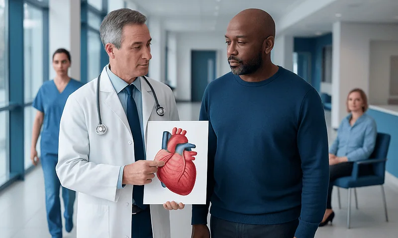 Doctor explaining heart diagram to patient in hospital corridor.