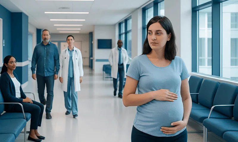 Pregnant woman in hospital corridor with medical staff in background.
