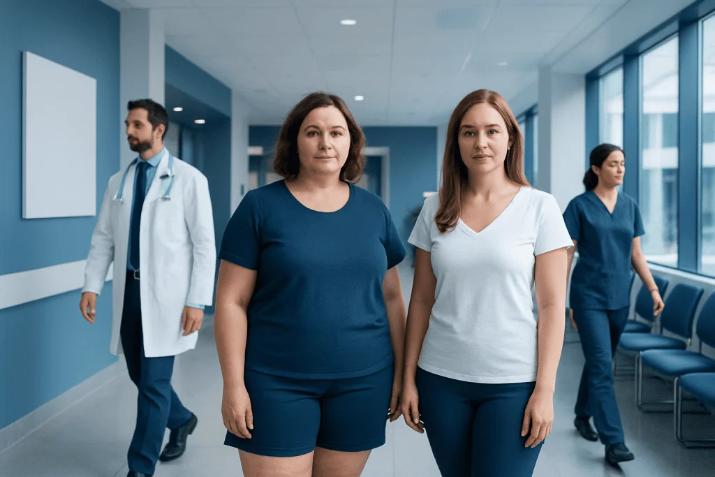 Lipedema Versus Cellulite: An Evidence-Based Guide for Patients 1 Medical professionals in hospital corridor at Acibadem Hospitals Group.