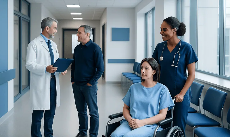 Medical team consulting with patient in hospital corridor.