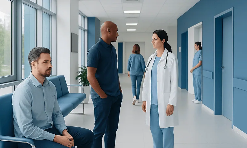 Doctor consulting with patient in hospital corridor at Acibadem Hospitals Group.