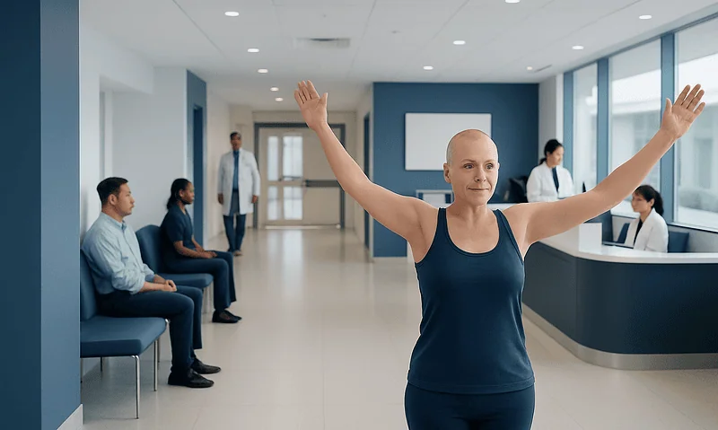 Woman stretching arms in a hospital waiting area with medical staff nearby.