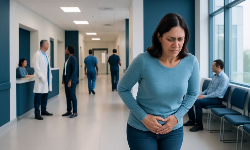 Woman experiencing abdominal pain in hospital corridor.