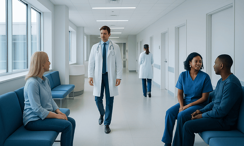 Medical professionals consulting patients in a hospital corridor.