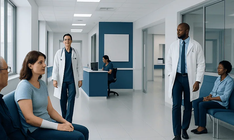 Medical consultation in a modern hospital corridor with doctors and patients.