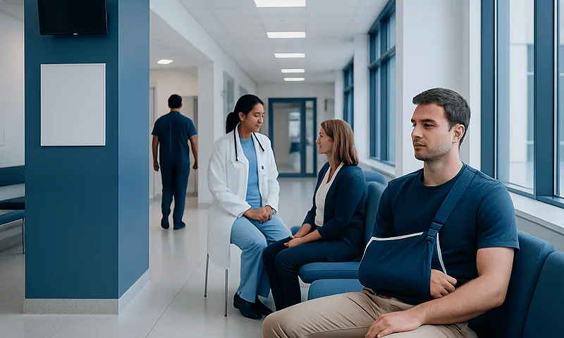 Patients waiting in a hospital corridor with a doctor consulting a woman.