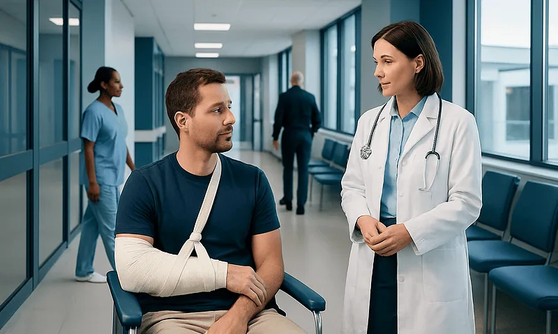 Doctor consulting a patient with arm injury in hospital corridor.