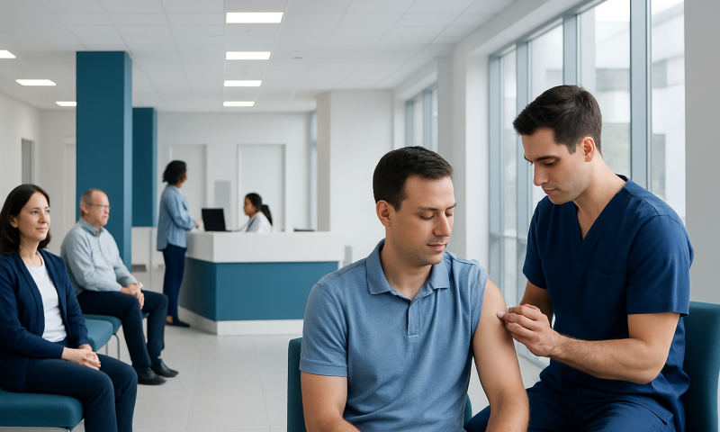 Patient receiving a vaccination at Acibadem Hospital in a modern clinic setting.