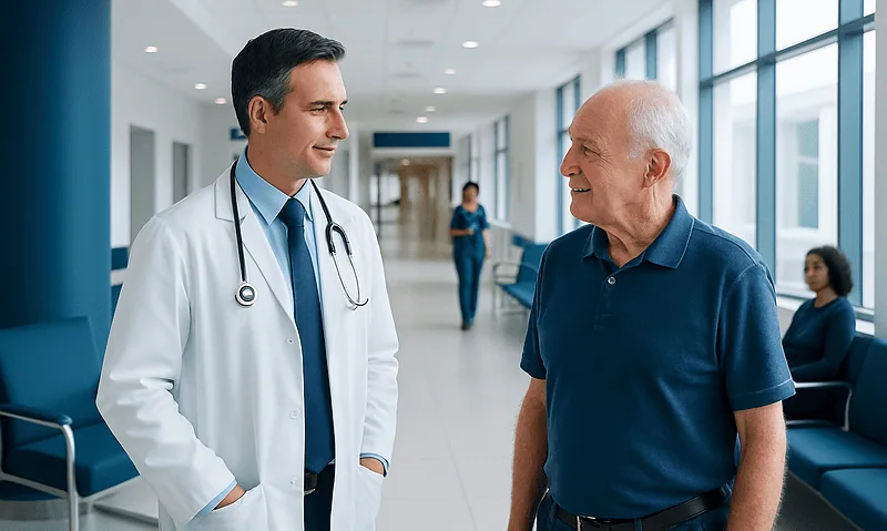 Doctor talking to an elderly patient in a hospital corridor.