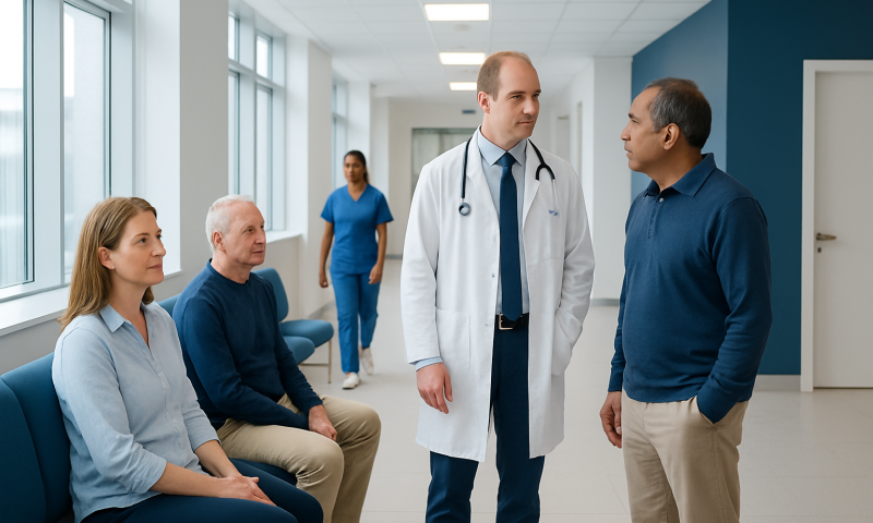 Doctor consulting with patient in hospital corridor with waiting patients nearby.