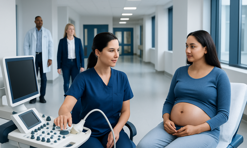 Pregnant woman having an ultrasound at Acibadem Hospital with medical staff.