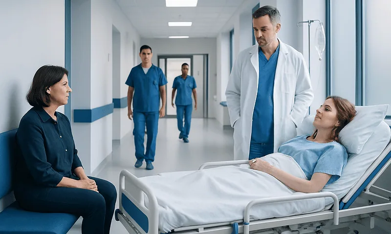 Medical team consulting with patient in hospital room at Acibadem Hospitals Group.