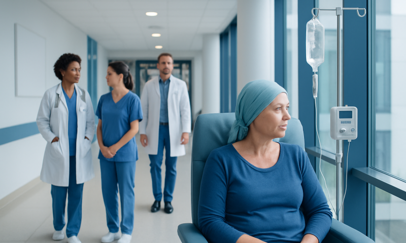 Patient receiving chemotherapy in a hospital corridor at Acibadem Hospitals Group.
