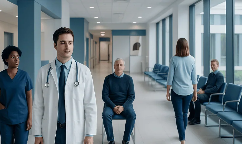 Medical staff and patients in a hospital corridor with large windows.