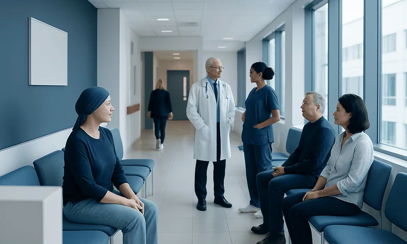 Medical consultation with a diverse group of patients and doctors in a hospital corridor.
