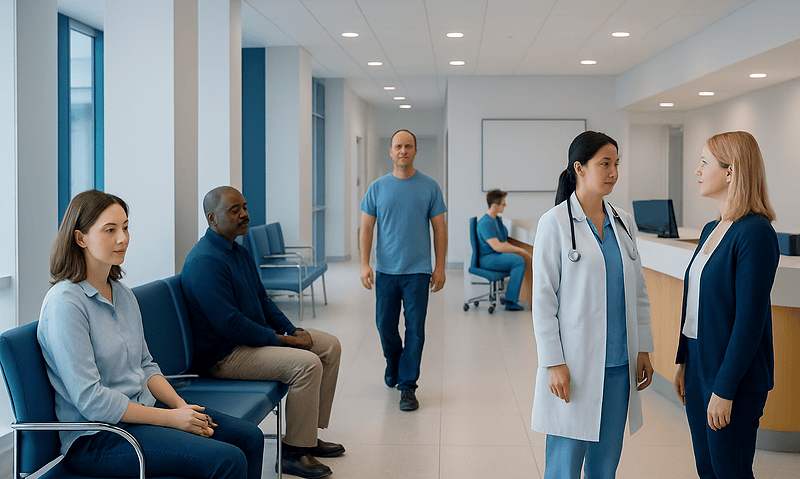 Hospital waiting area with patients and medical staff engaging in conversation.