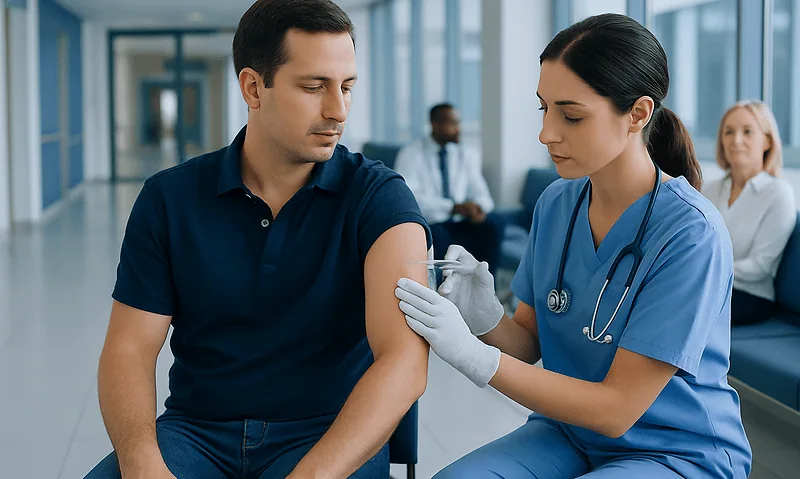 Nurse administering hepatitis A vaccine to a patient in a hospital.