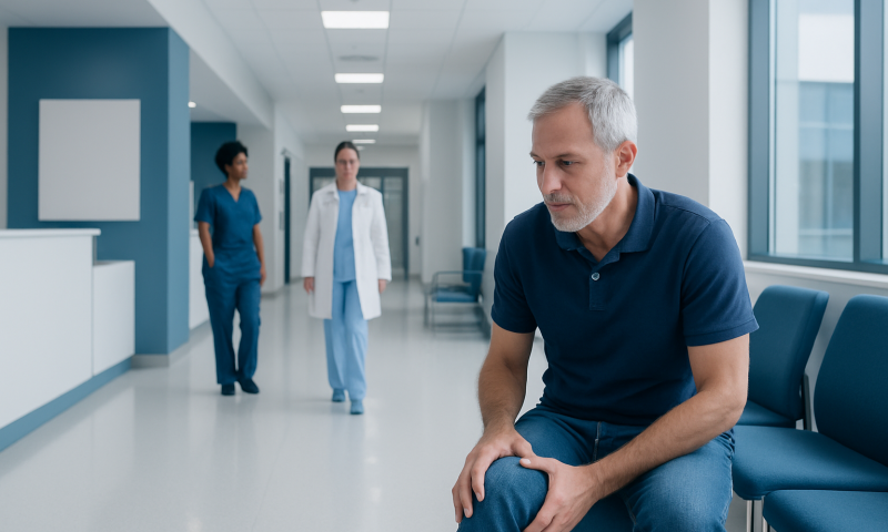 Man waiting in hospital corridor with medical staff in background.