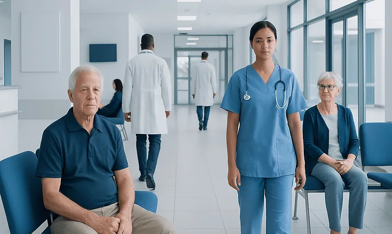 Healthcare professionals and patients in a modern hospital corridor.