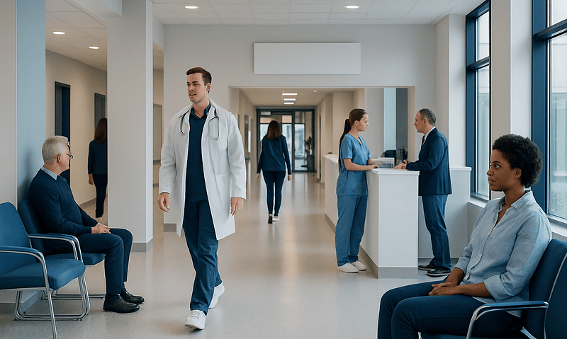 Healthcare professionals and patients in a modern hospital waiting area.